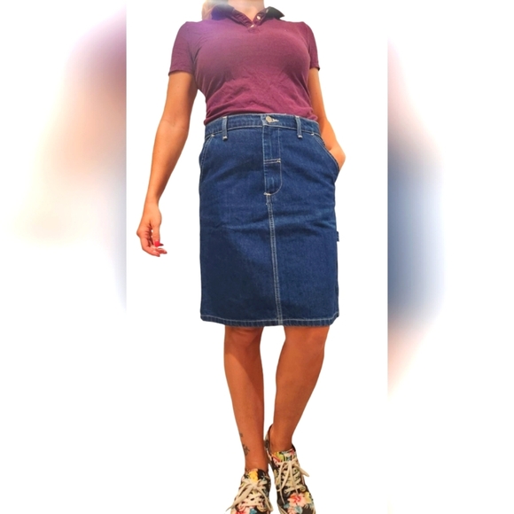 Polo Jeans Ralph Lauren Carpenter Skirt Sz 8 Blue Cotton Y2k Pockets Denim Patch - Picture 11 of 11